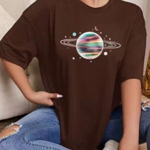 Women Brown Oversized Printed Planet T-shirt