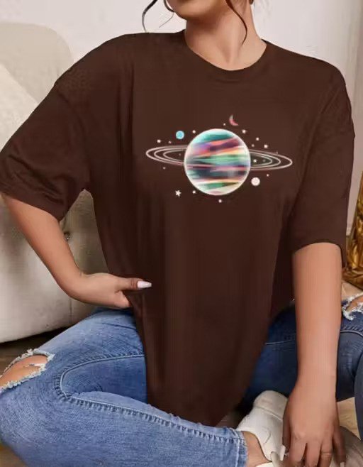 Women Brown Oversized Printed Planet T-shirt