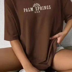 Women Brown Oversized Typography Palm Springs USA T-SHIRT