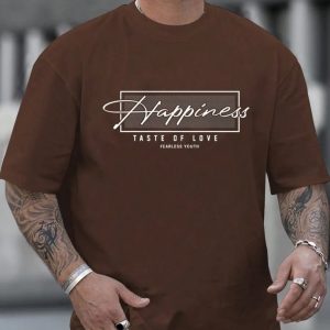 Men Brown Oversized Typography Happiness Taste Of Love T-shirt