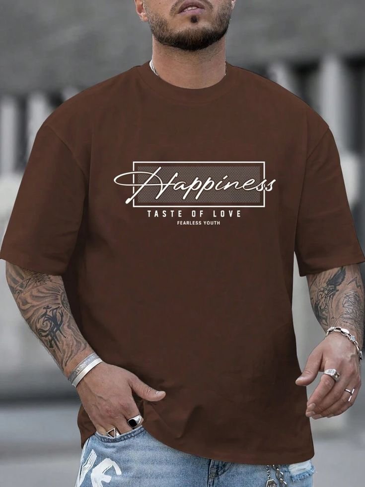 Men Brown Oversized Typography Happiness Taste Of Love T-shirt