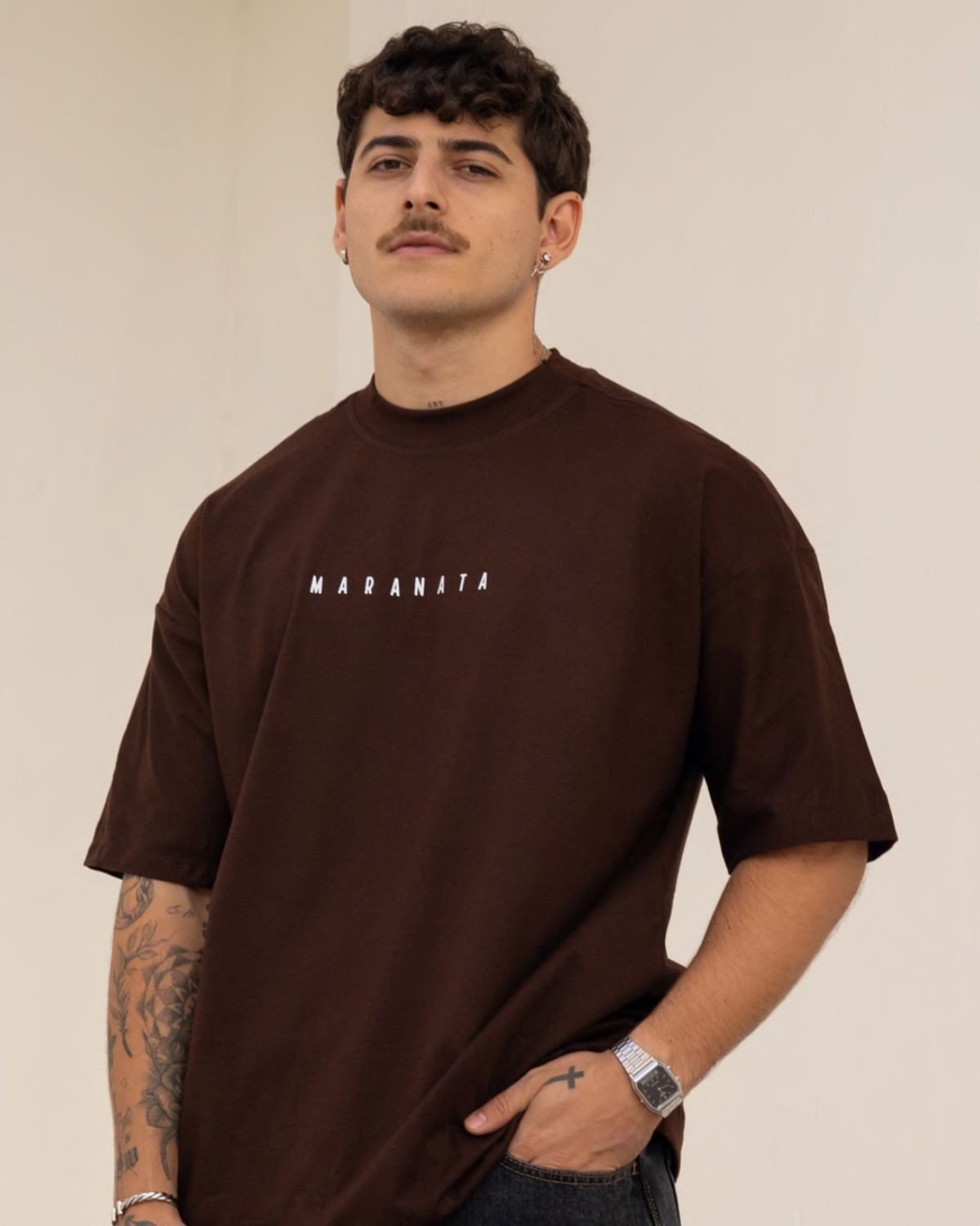 Men Brown Oversized Typography Maranata T-shirt