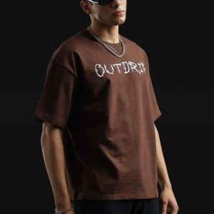 Men Brown Oversized Typography Outdrif T-shirt