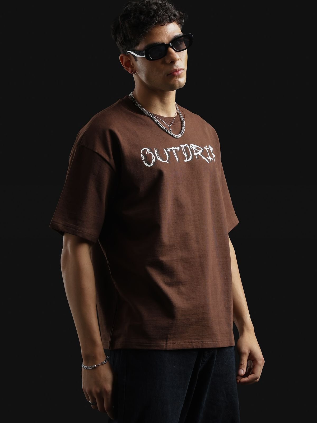 Men Brown Oversized Typography Outdrif T-shirt