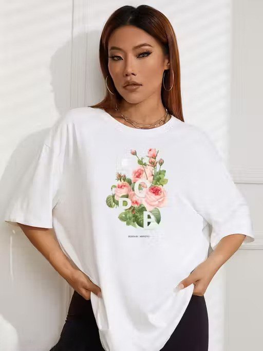 Women White Oversized Printed Flowers T-shirt