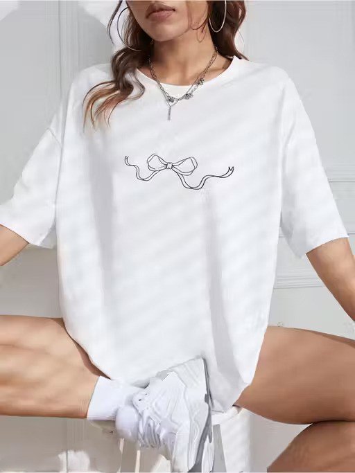 Women White Oversized Printed Ribbon Bow T-shirt