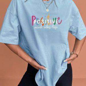 Women Sky Blue Oversized Typography Positive Vibes T-shirt