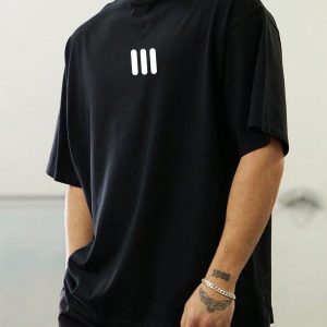 Men Black Oversized Printed 3Line T-shirt