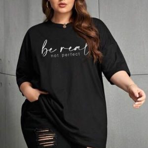 Women Black Oversized Typography Be Real T-shirt