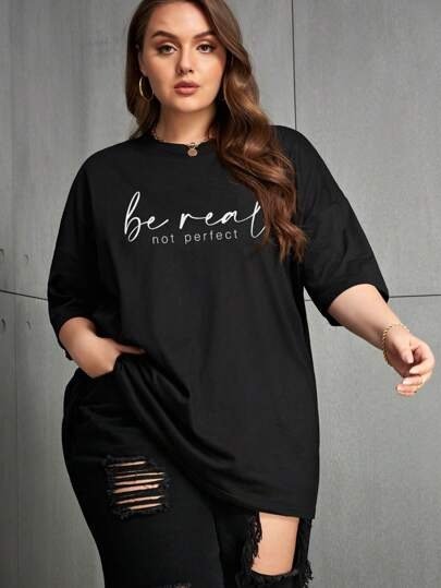 Women Black Oversized Typography Be Real T-shirt