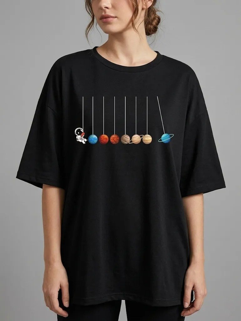 Women Black Oversized Printed Planets T-shirt