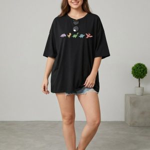 Women Black Oversized Printed 5 Dinosaurs T-shirt