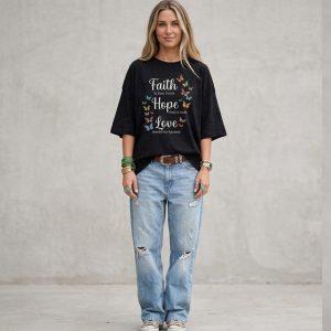 Women Black Oversized Typography Faith Hope Love T-shirt