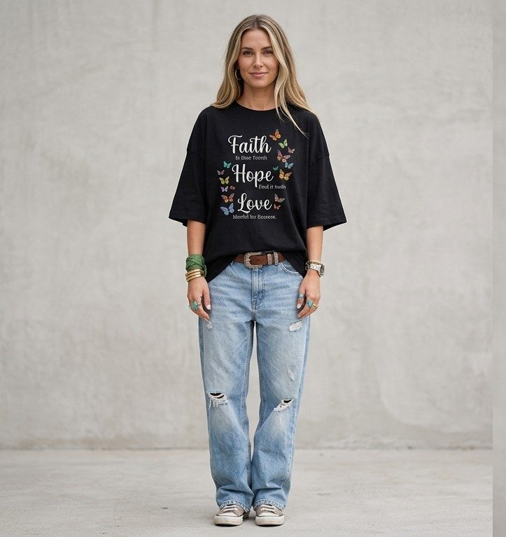 Women Black Oversized Typography Faith Hope Love T-shirt