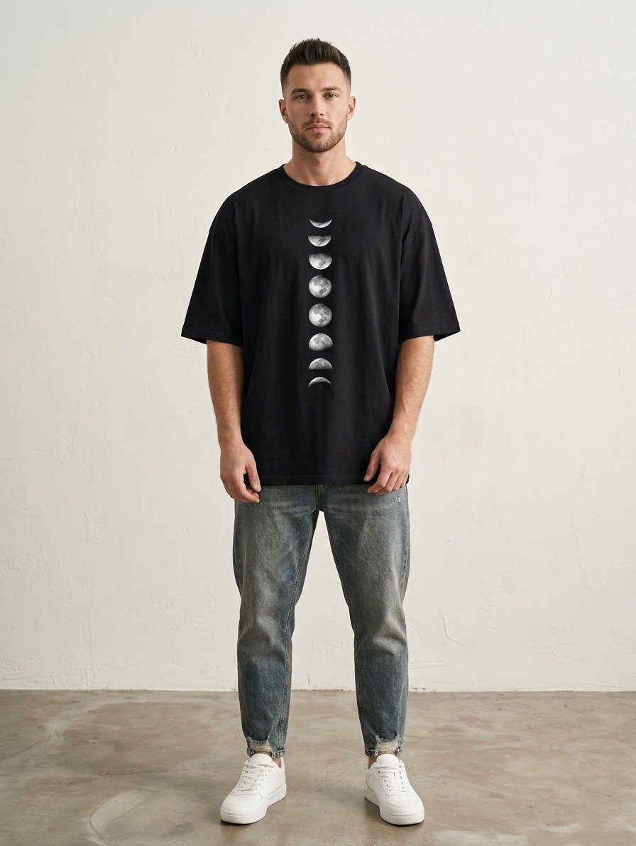 Men Black Oversized Printed Full Moon T-shirt