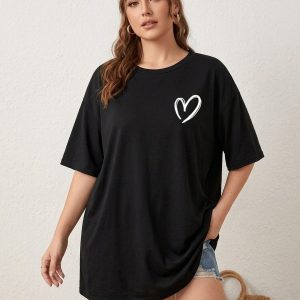 Women Black Oversized Printed White Outline Heart