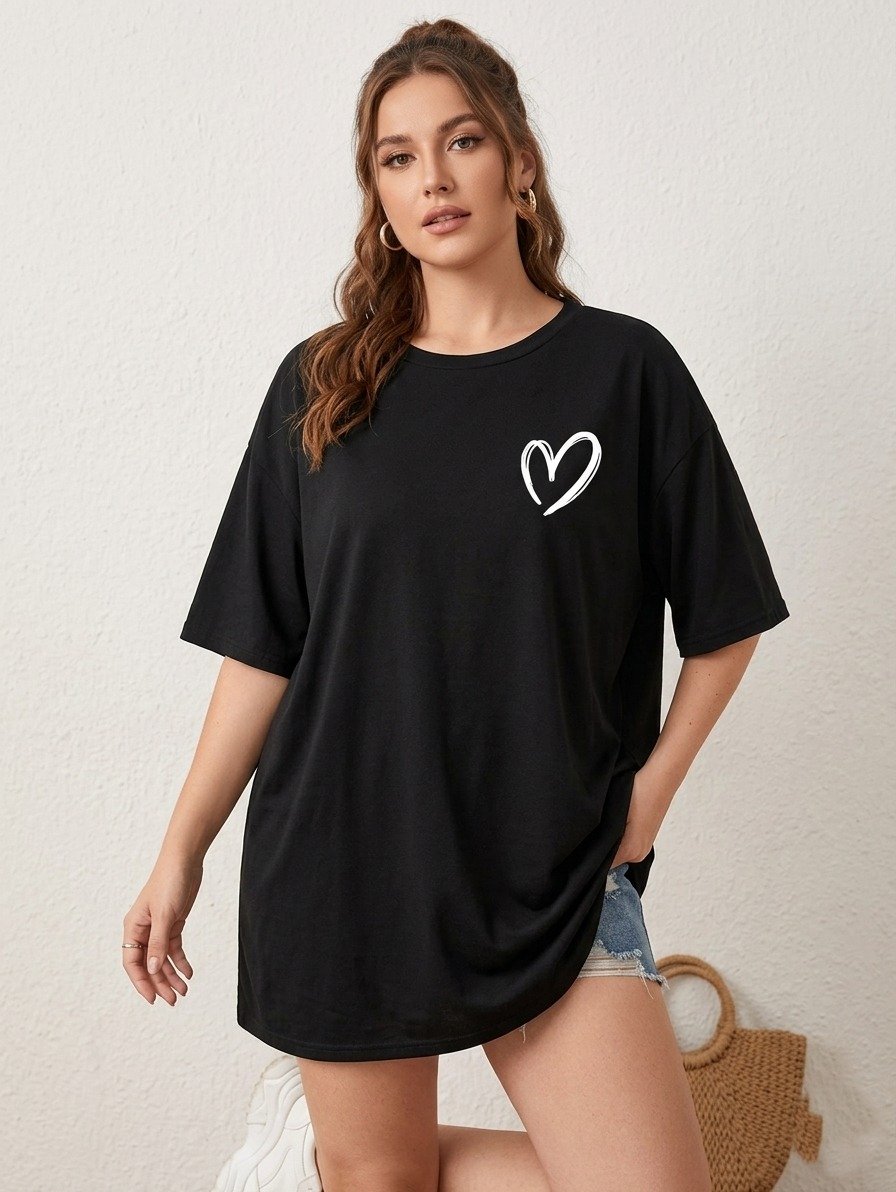 Women Black Oversized Printed White Outline Heart