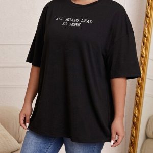 Women Black Oversized Typography All Roads Leads To Rome T-shirt