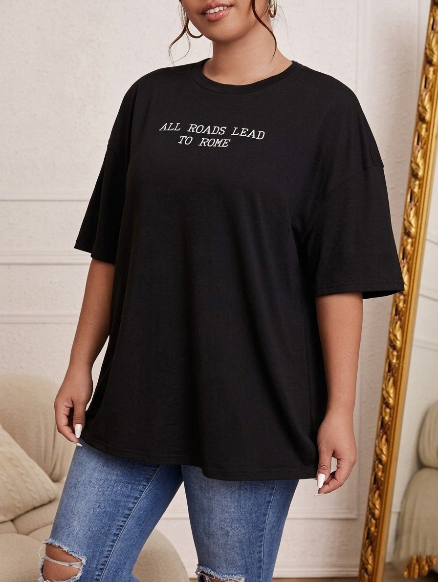 Women Black Oversized Typography All Roads Leads To Rome T-shirt