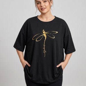 Women Black Oversized Printed Dragonfly T-shirt