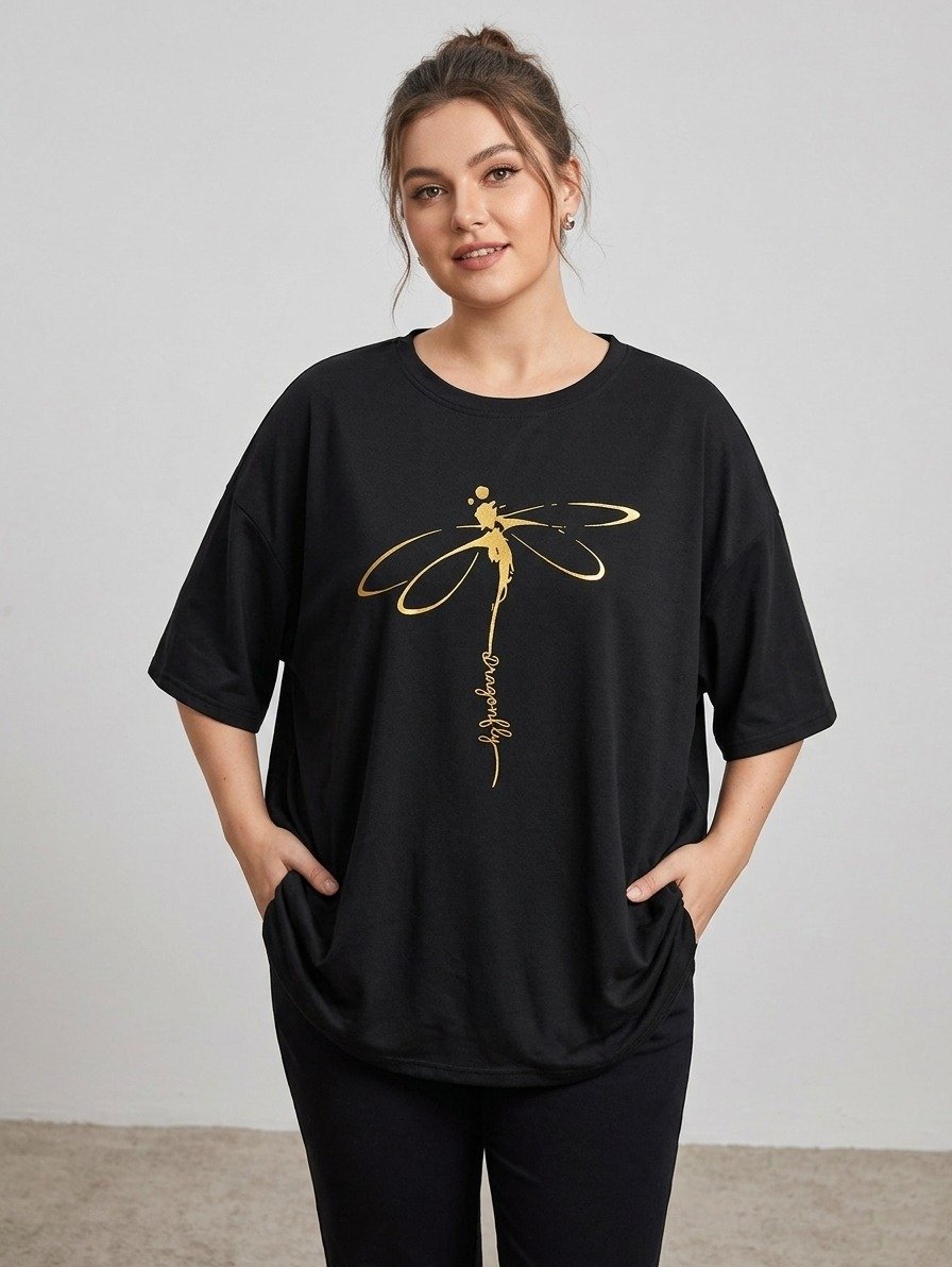 Women Black Oversized Printed Dragonfly T-shirt