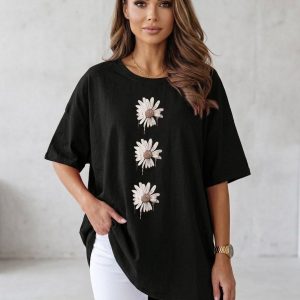 Women Black Oversized Printed 3 Sunflowers T-shirt