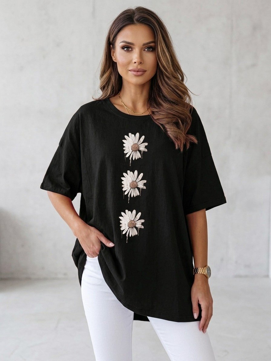 Women Black Oversized Printed 3 Sunflowers T-shirt