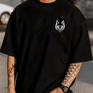 Men Black Oversized Printed Wolf Face T-shirt