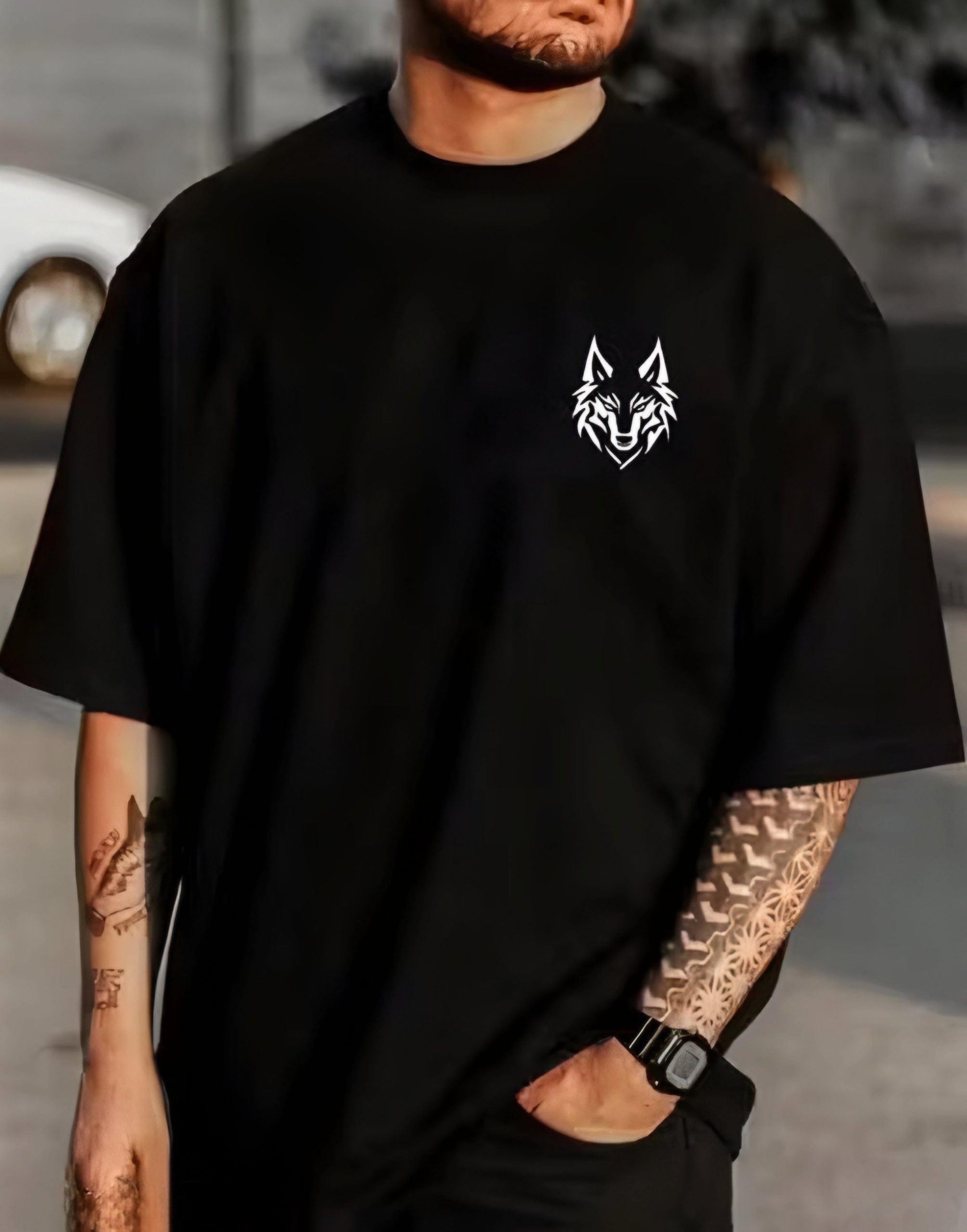 Men Black Oversized Printed Wolf Face T-shirt